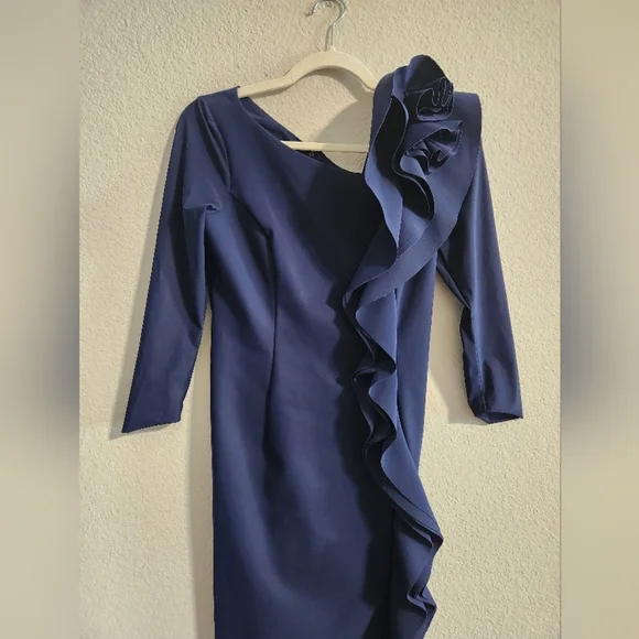 Rickie Freeman for Teri Jon Women’s Side Ruffle Asymmetric Navy Dress size 4